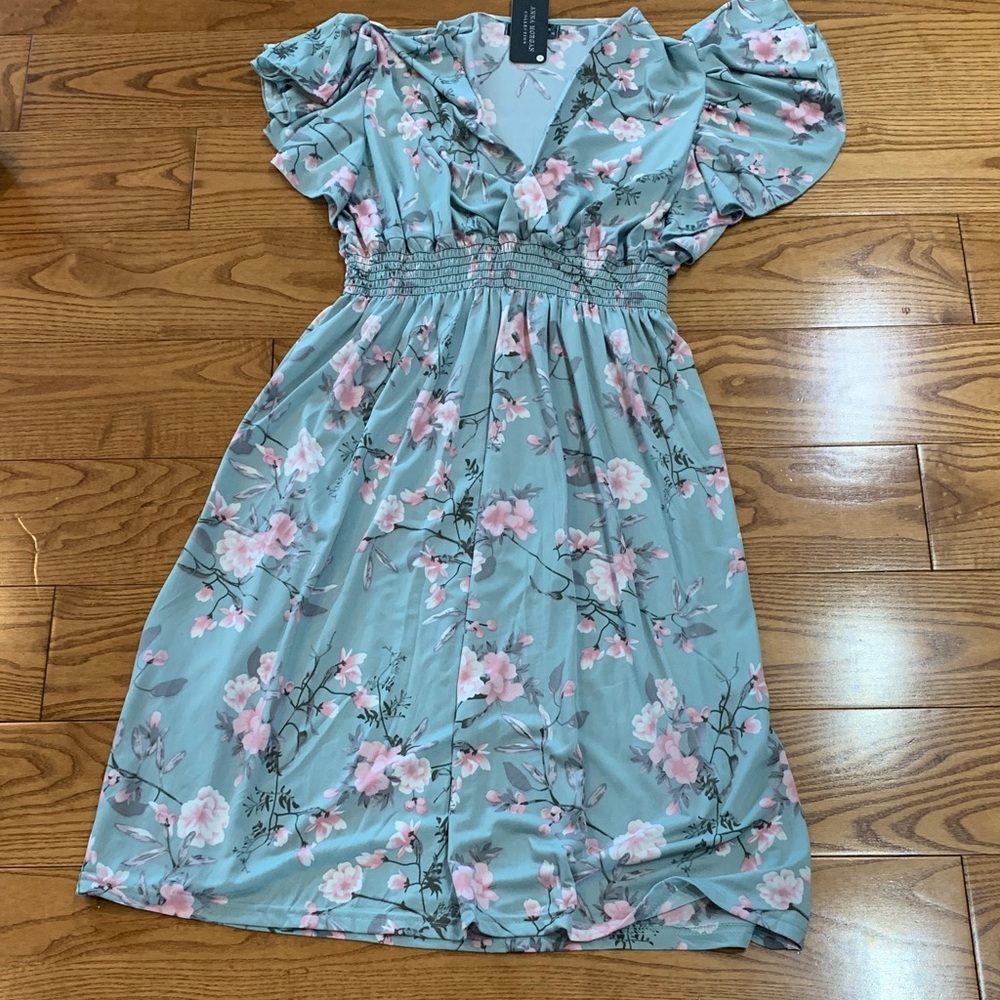 New Floral V-Neck Smocked Waist Dress in Sage with Pink Blossoms 1X